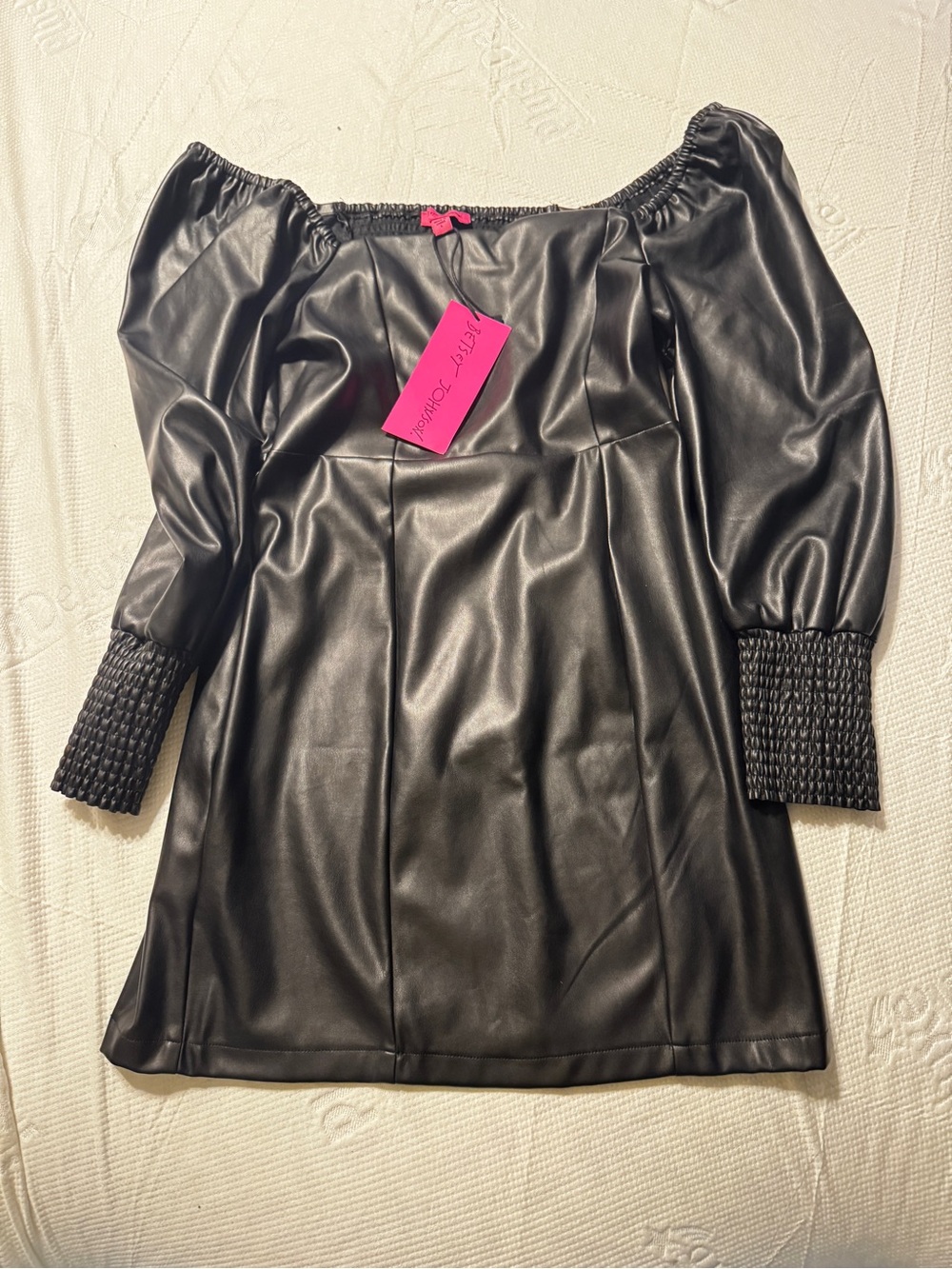 Betsey Johnson Black Faux Leather Off-Shoulder Long Sleeve Mini Dress